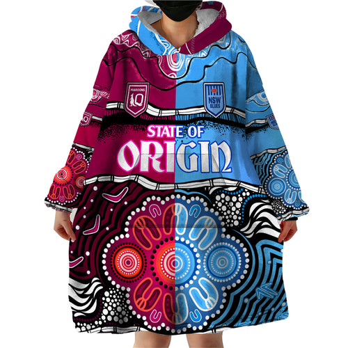 (Custom Text And Number) NSW Combine QLD State of Origin Wearable Blanket Hoodie New South Wales and Queensland Aboriginal LT9