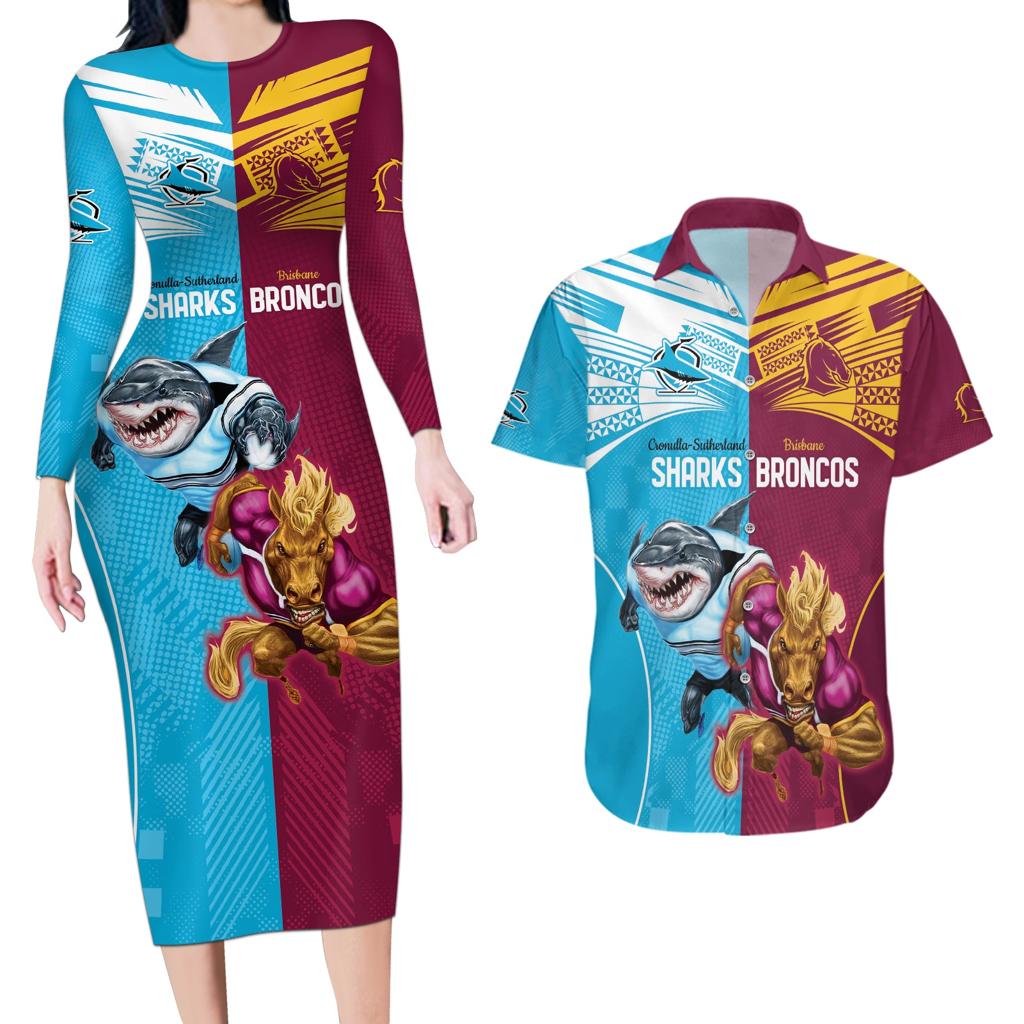 Custom Broncos and Sharks Couples Matching Long Sleeve Bodycon Dress and Hawaiian Shirt Sporty Style