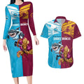 Custom Broncos and Sharks Couples Matching Long Sleeve Bodycon Dress and Hawaiian Shirt Sporty Style