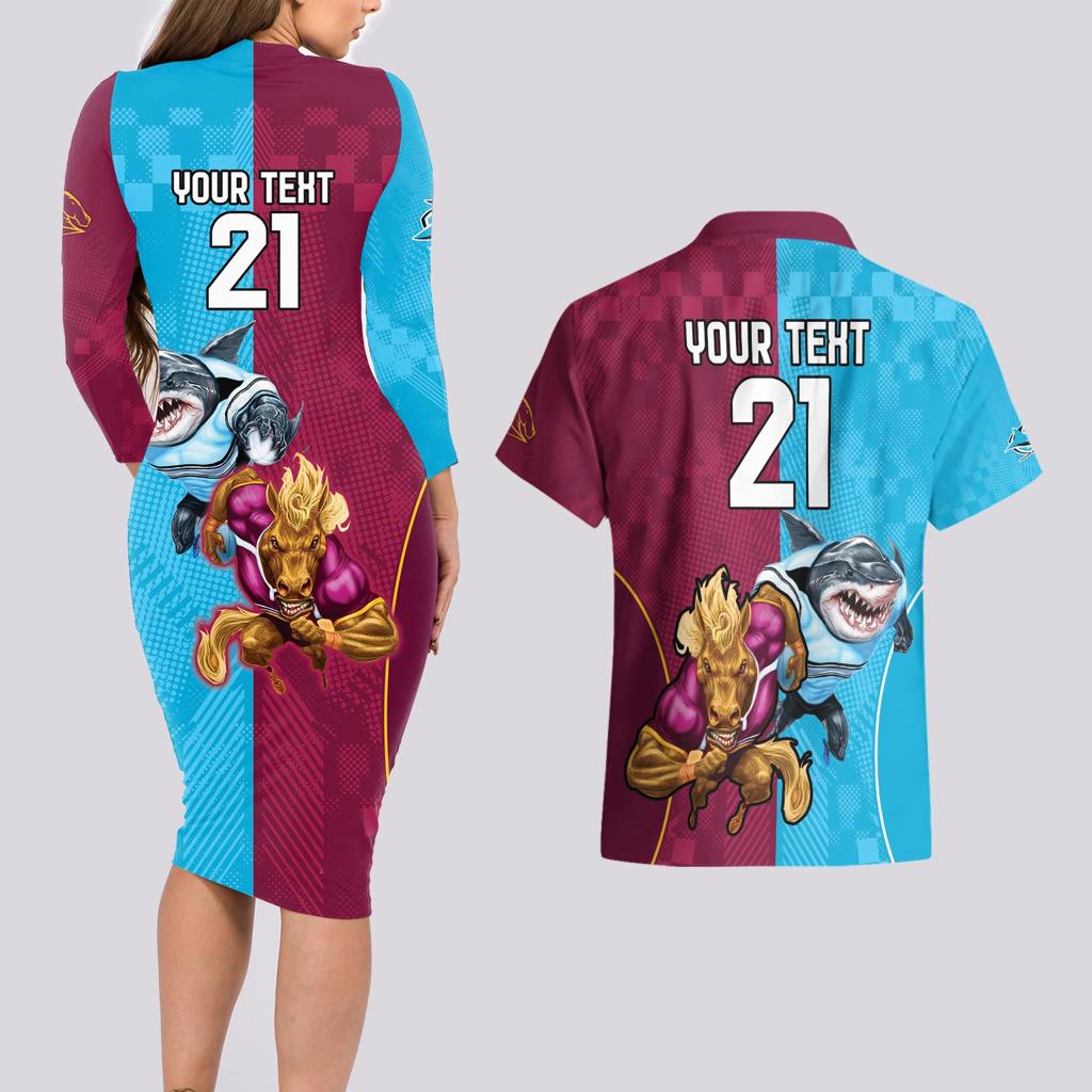 Custom Broncos and Sharks Couples Matching Long Sleeve Bodycon Dress and Hawaiian Shirt Sporty Style