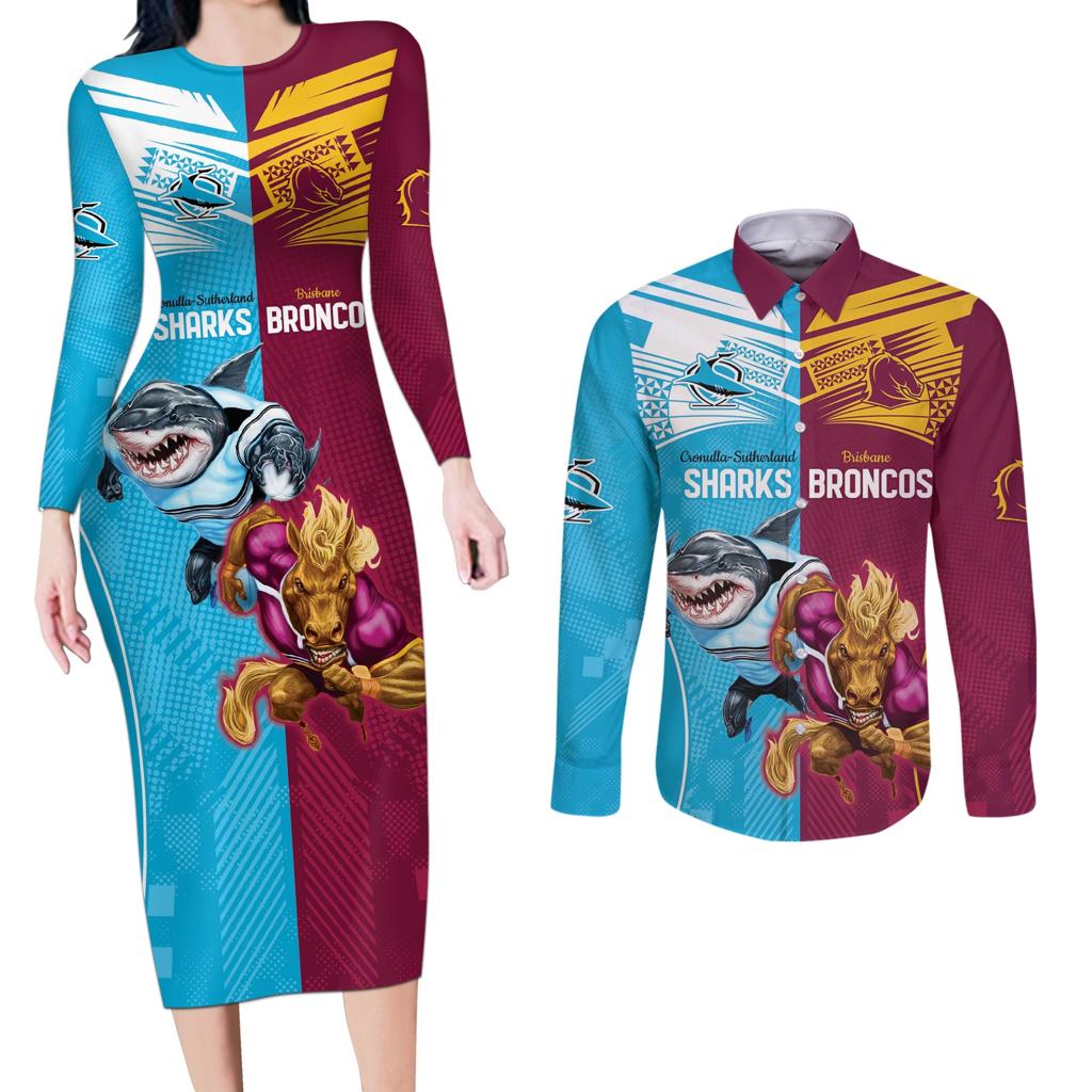 Custom Broncos and Sharks Couples Matching Long Sleeve Bodycon Dress and Long Sleeve Button Shirt Sporty Style