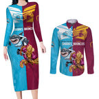 Custom Broncos and Sharks Couples Matching Long Sleeve Bodycon Dress and Long Sleeve Button Shirt Sporty Style
