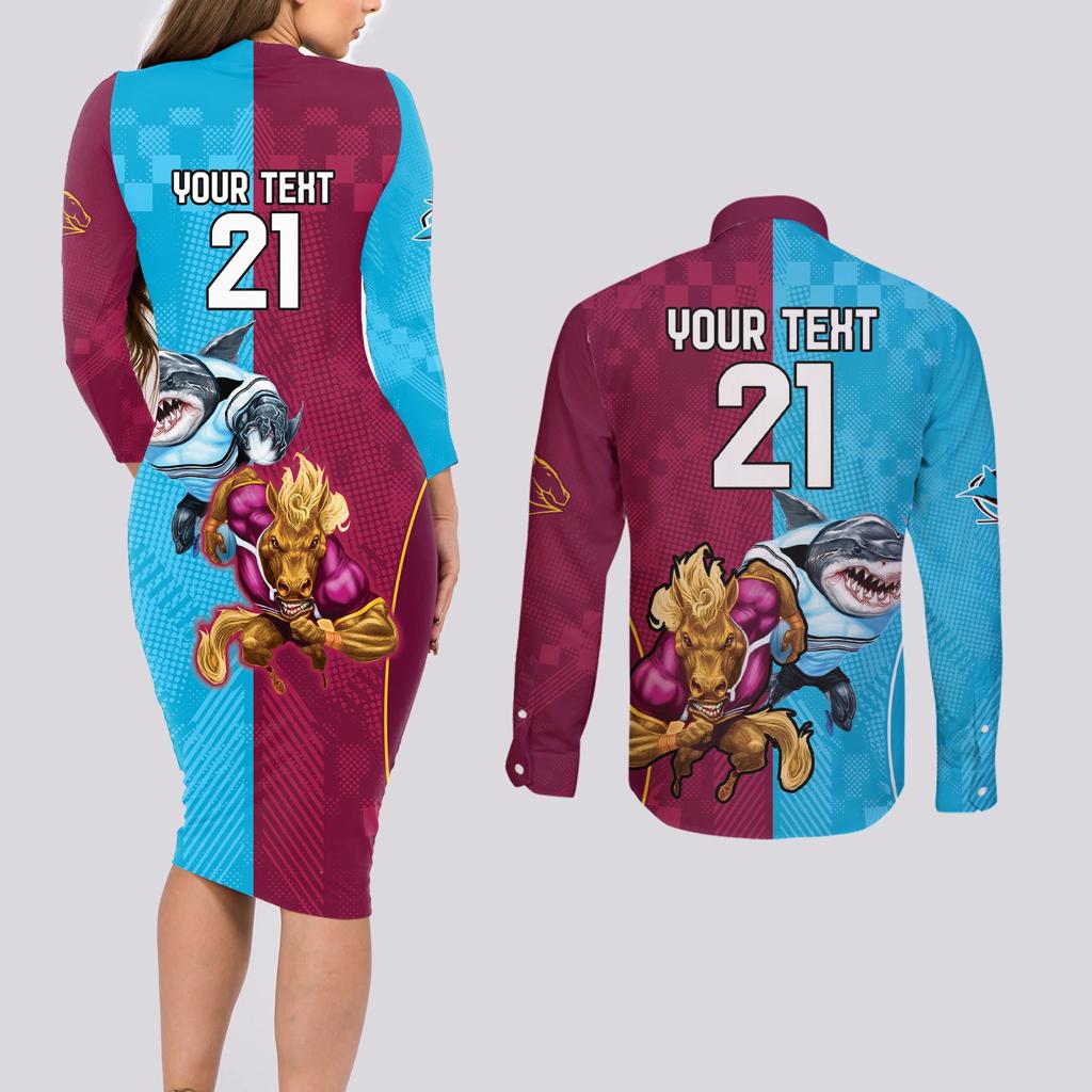 Custom Broncos and Sharks Couples Matching Long Sleeve Bodycon Dress and Long Sleeve Button Shirt Sporty Style
