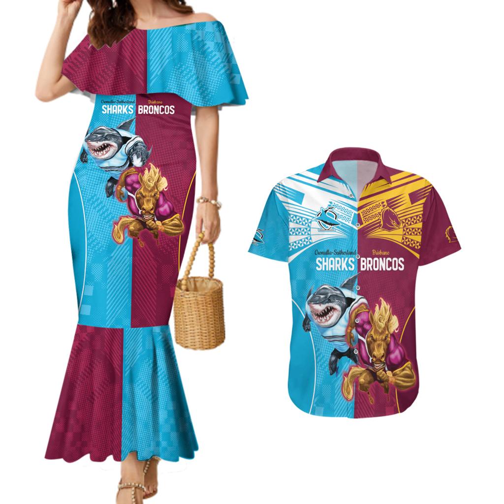 Custom Broncos and Sharks Couples Matching Mermaid Dress and Hawaiian Shirt Sporty Style