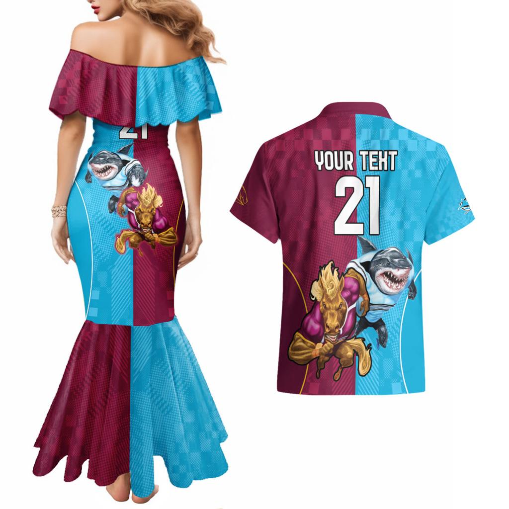 Custom Broncos and Sharks Couples Matching Mermaid Dress and Hawaiian Shirt Sporty Style