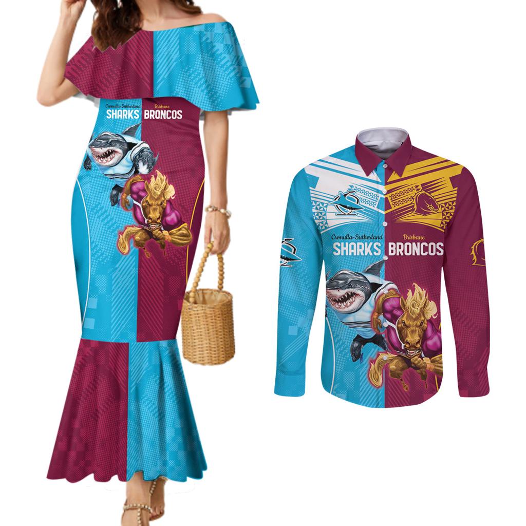 Custom Broncos and Sharks Couples Matching Mermaid Dress and Long Sleeve Button Shirt Sporty Style