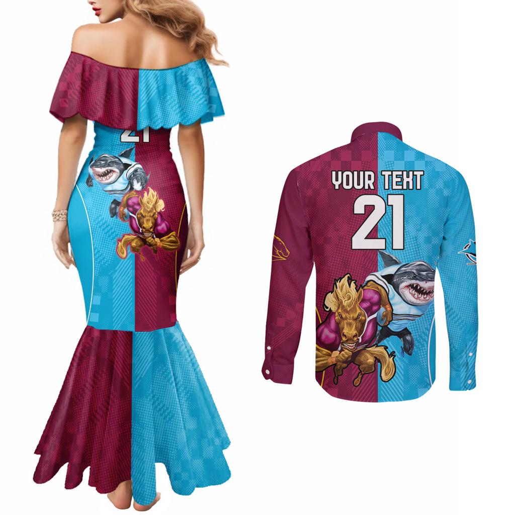 Custom Broncos and Sharks Couples Matching Mermaid Dress and Long Sleeve Button Shirt Sporty Style