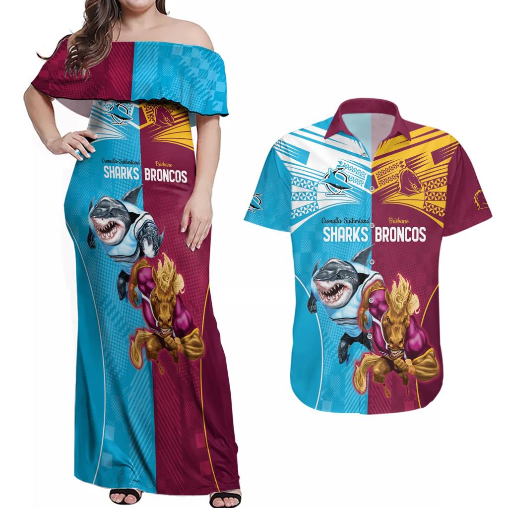 Custom Broncos and Sharks Couples Matching Off Shoulder Maxi Dress and Hawaiian Shirt Sporty Style