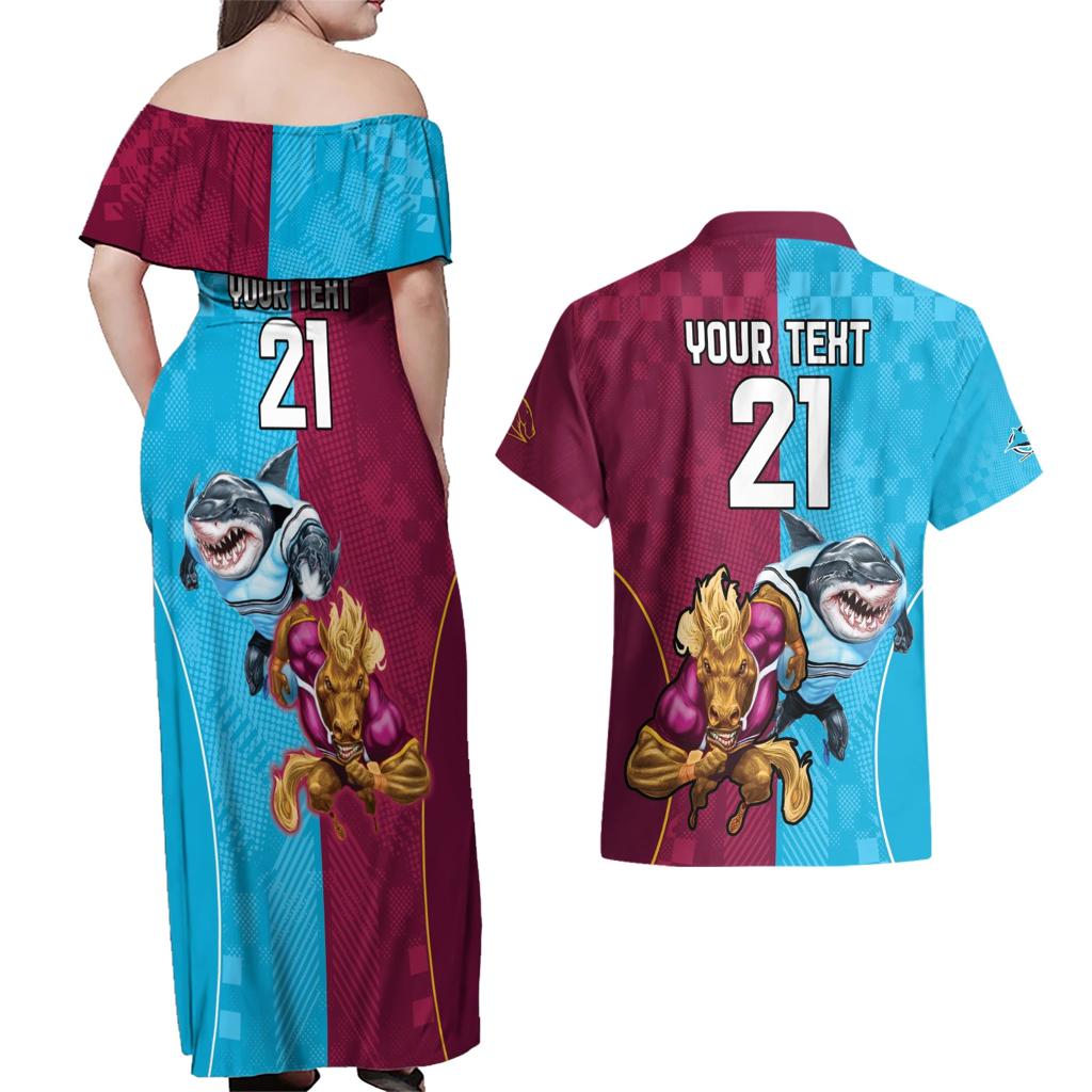 Custom Broncos and Sharks Couples Matching Off Shoulder Maxi Dress and Hawaiian Shirt Sporty Style