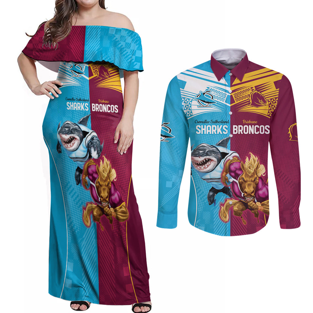 Custom Broncos and Sharks Couples Matching Off Shoulder Maxi Dress and Long Sleeve Button Shirt Sporty Style
