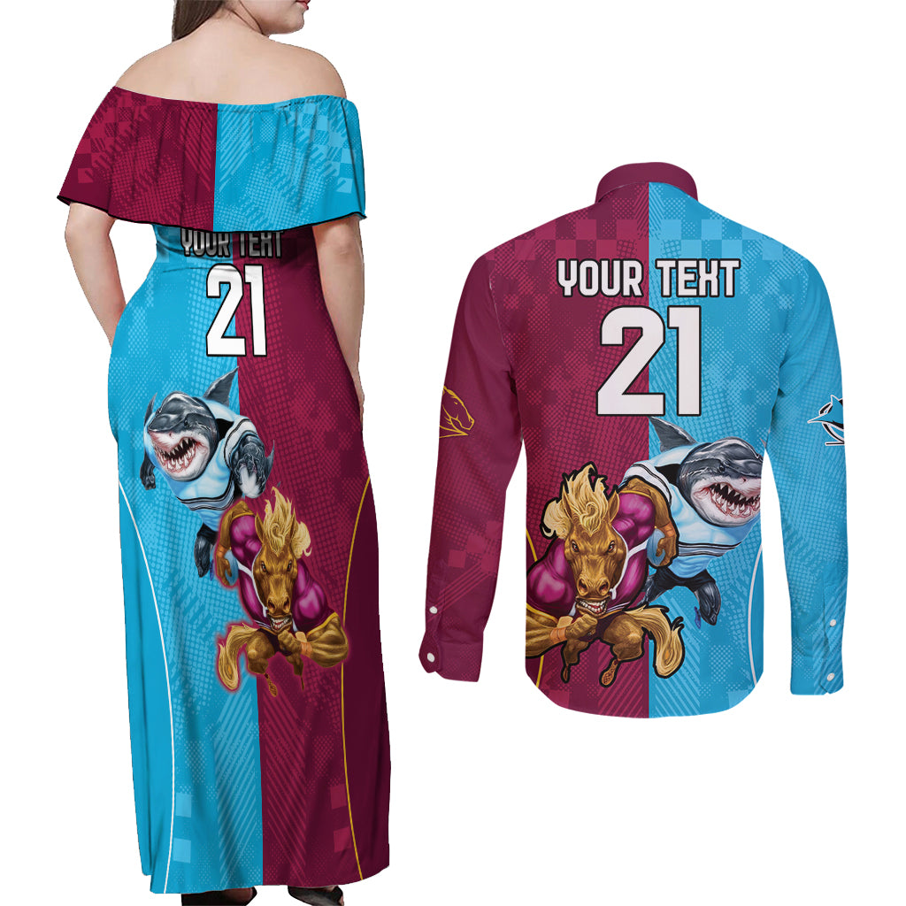 Custom Broncos and Sharks Couples Matching Off Shoulder Maxi Dress and Long Sleeve Button Shirt Sporty Style