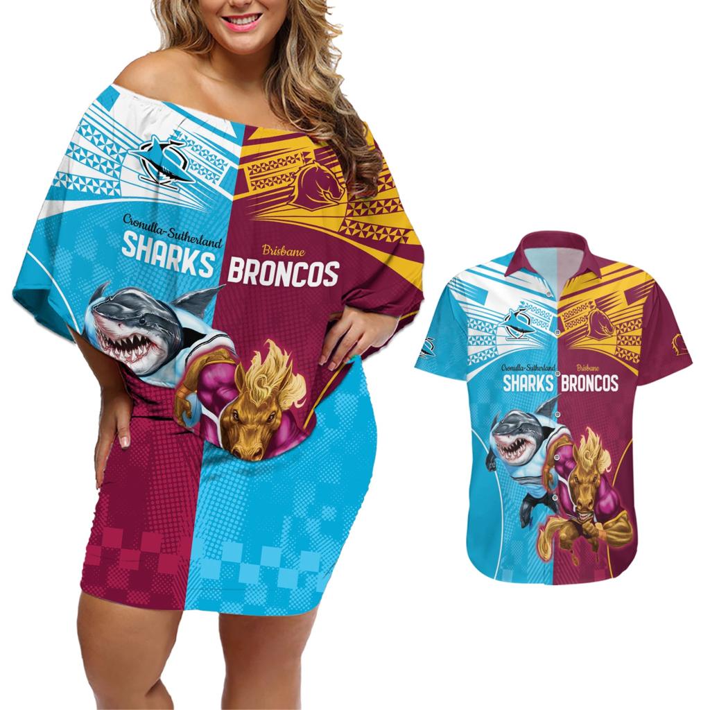 Custom Broncos and Sharks Couples Matching Off Shoulder Short Dress and Hawaiian Shirt Sporty Style