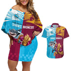 Custom Broncos and Sharks Couples Matching Off Shoulder Short Dress and Hawaiian Shirt Sporty Style
