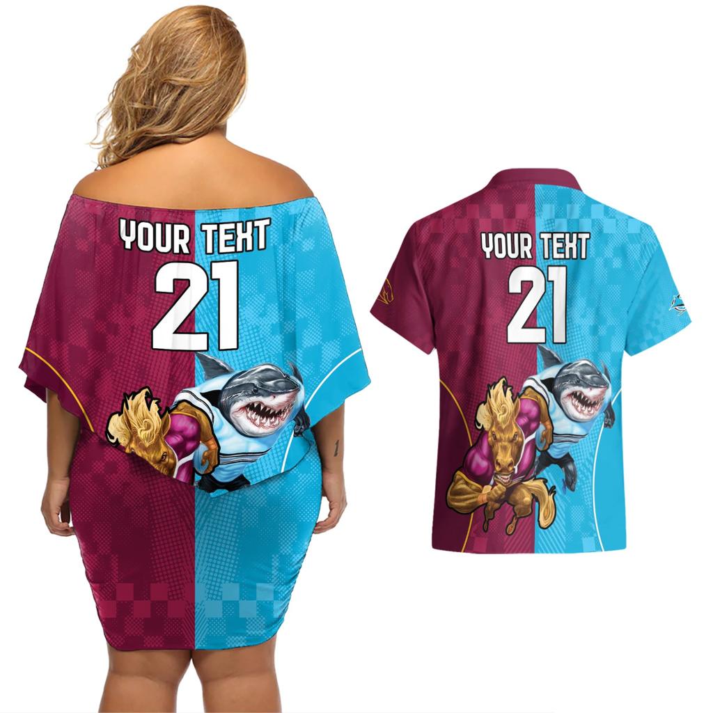 Custom Broncos and Sharks Couples Matching Off Shoulder Short Dress and Hawaiian Shirt Sporty Style