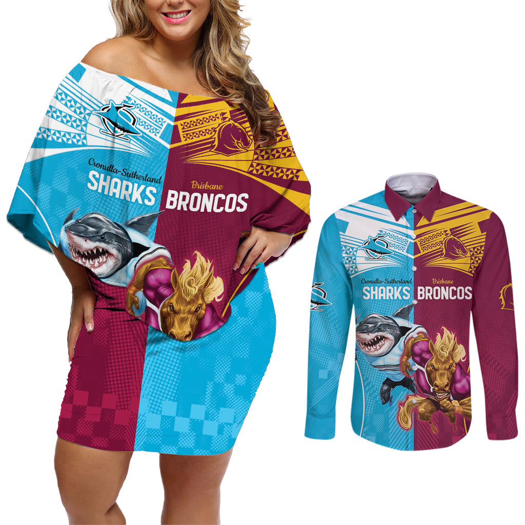 Custom Broncos and Sharks Couples Matching Off Shoulder Short Dress and Long Sleeve Button Shirt Sporty Style