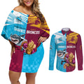 Custom Broncos and Sharks Couples Matching Off Shoulder Short Dress and Long Sleeve Button Shirt Sporty Style