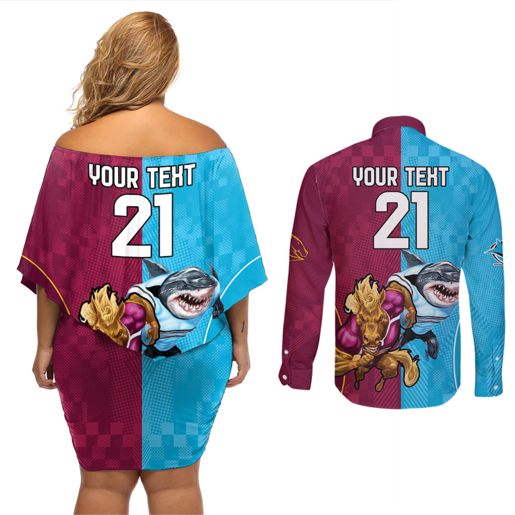 Custom Broncos and Sharks Couples Matching Off Shoulder Short Dress and Long Sleeve Button Shirt Sporty Style