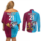 Custom Broncos and Sharks Couples Matching Off Shoulder Short Dress and Long Sleeve Button Shirt Sporty Style