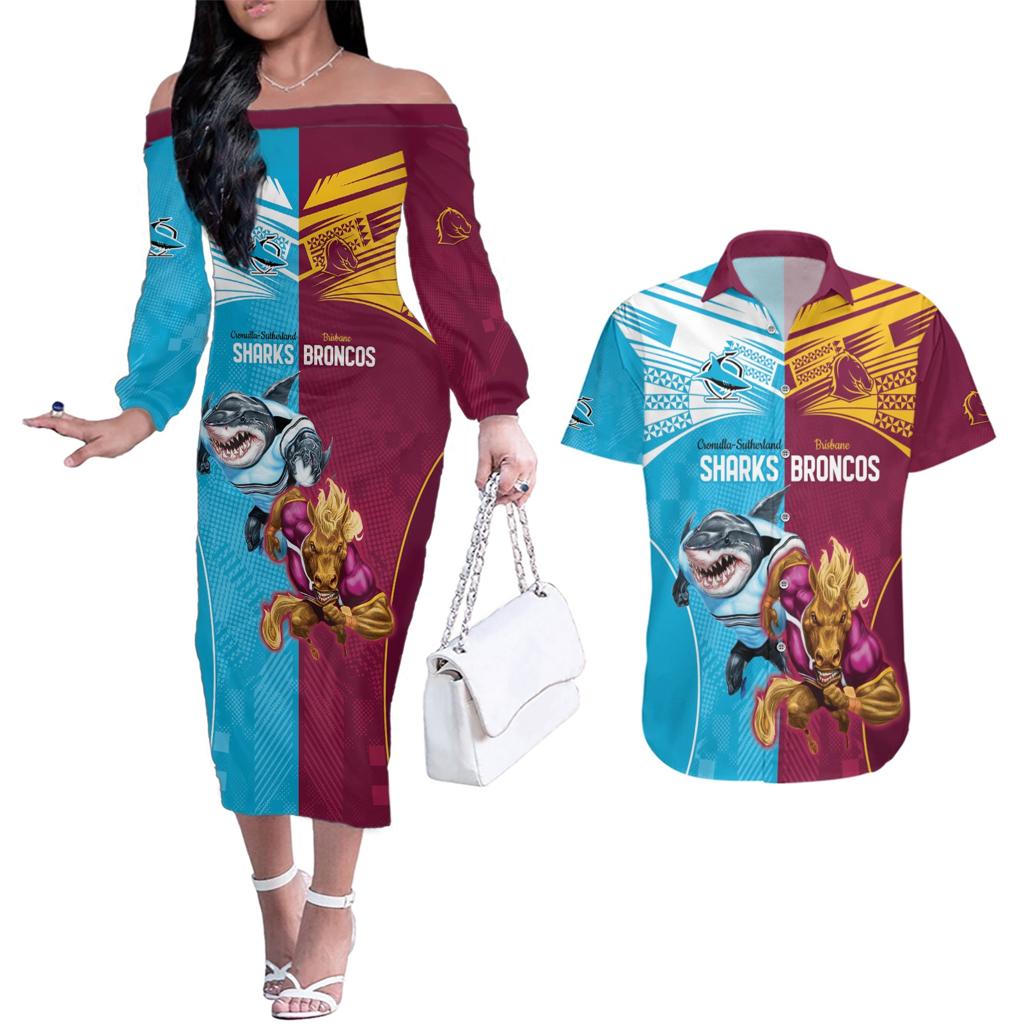 Custom Broncos and Sharks Couples Matching Off The Shoulder Long Sleeve Dress and Hawaiian Shirt Sporty Style