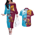 Custom Broncos and Sharks Couples Matching Off The Shoulder Long Sleeve Dress and Hawaiian Shirt Sporty Style