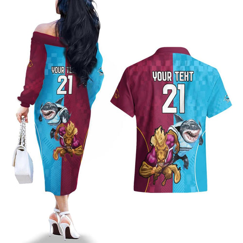 Custom Broncos and Sharks Couples Matching Off The Shoulder Long Sleeve Dress and Hawaiian Shirt Sporty Style
