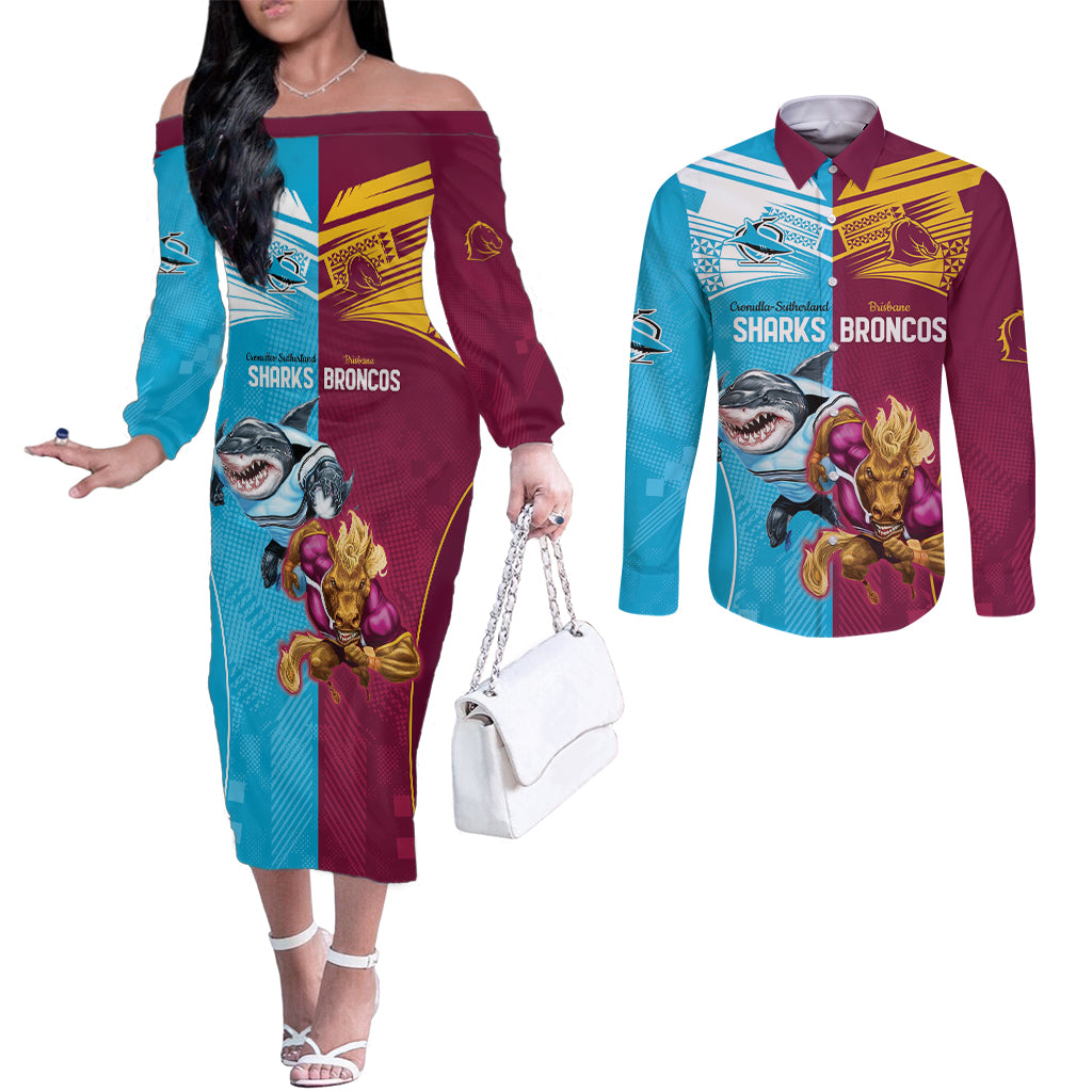 Custom Broncos and Sharks Couples Matching Off The Shoulder Long Sleeve Dress and Long Sleeve Button Shirt Sporty Style
