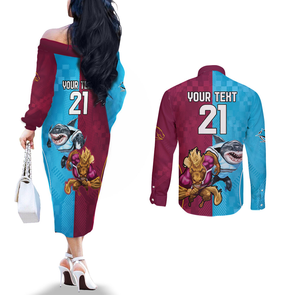 Custom Broncos and Sharks Couples Matching Off The Shoulder Long Sleeve Dress and Long Sleeve Button Shirt Sporty Style