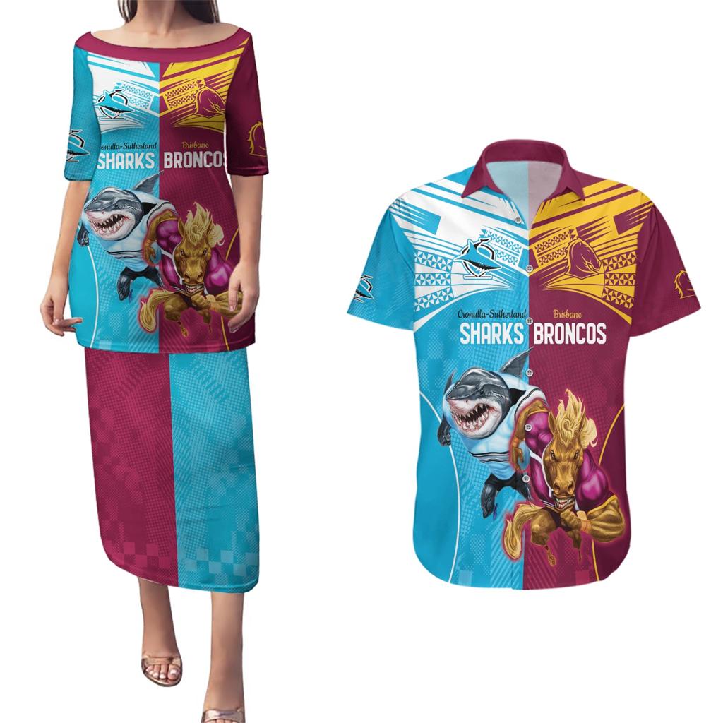 Custom Broncos and Sharks Couples Matching Puletasi and Hawaiian Shirt Sporty Style