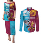 Custom Broncos and Sharks Couples Matching Puletasi and Long Sleeve Button Shirt Sporty Style