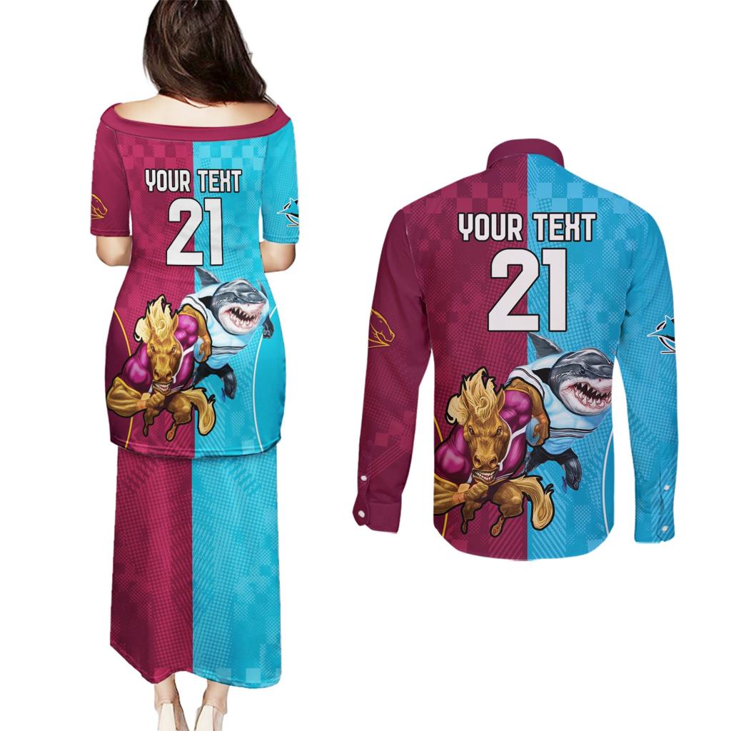 Custom Broncos and Sharks Couples Matching Puletasi and Long Sleeve Button Shirt Sporty Style