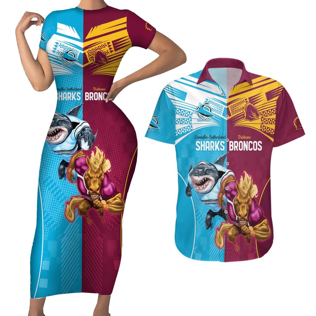 Custom Broncos and Sharks Couples Matching Short Sleeve Bodycon Dress and Hawaiian Shirt Sporty Style