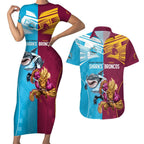 Custom Broncos and Sharks Couples Matching Short Sleeve Bodycon Dress and Hawaiian Shirt Sporty Style