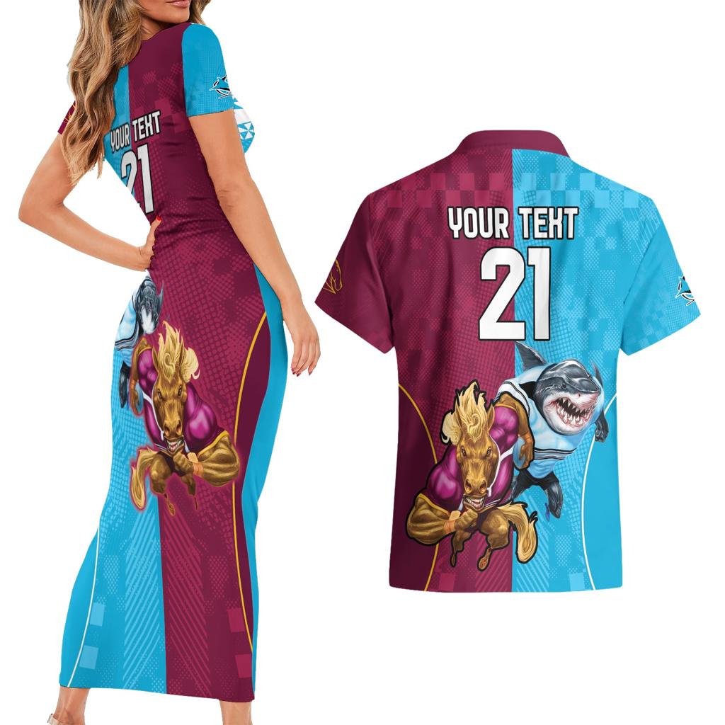 Custom Broncos and Sharks Couples Matching Short Sleeve Bodycon Dress and Hawaiian Shirt Sporty Style