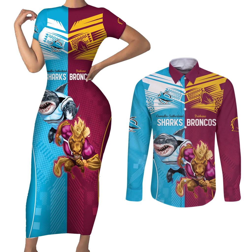 Custom Broncos and Sharks Couples Matching Short Sleeve Bodycon Dress and Long Sleeve Button Shirt Sporty Style
