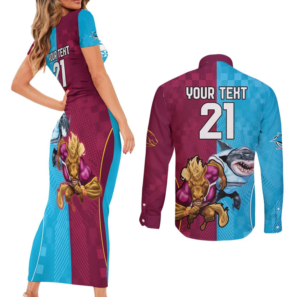 Custom Broncos and Sharks Couples Matching Short Sleeve Bodycon Dress and Long Sleeve Button Shirt Sporty Style