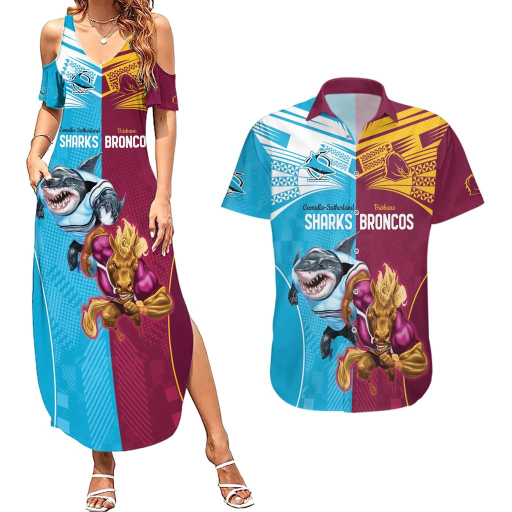 Custom Broncos and Sharks Couples Matching Summer Maxi Dress and Hawaiian Shirt Sporty Style