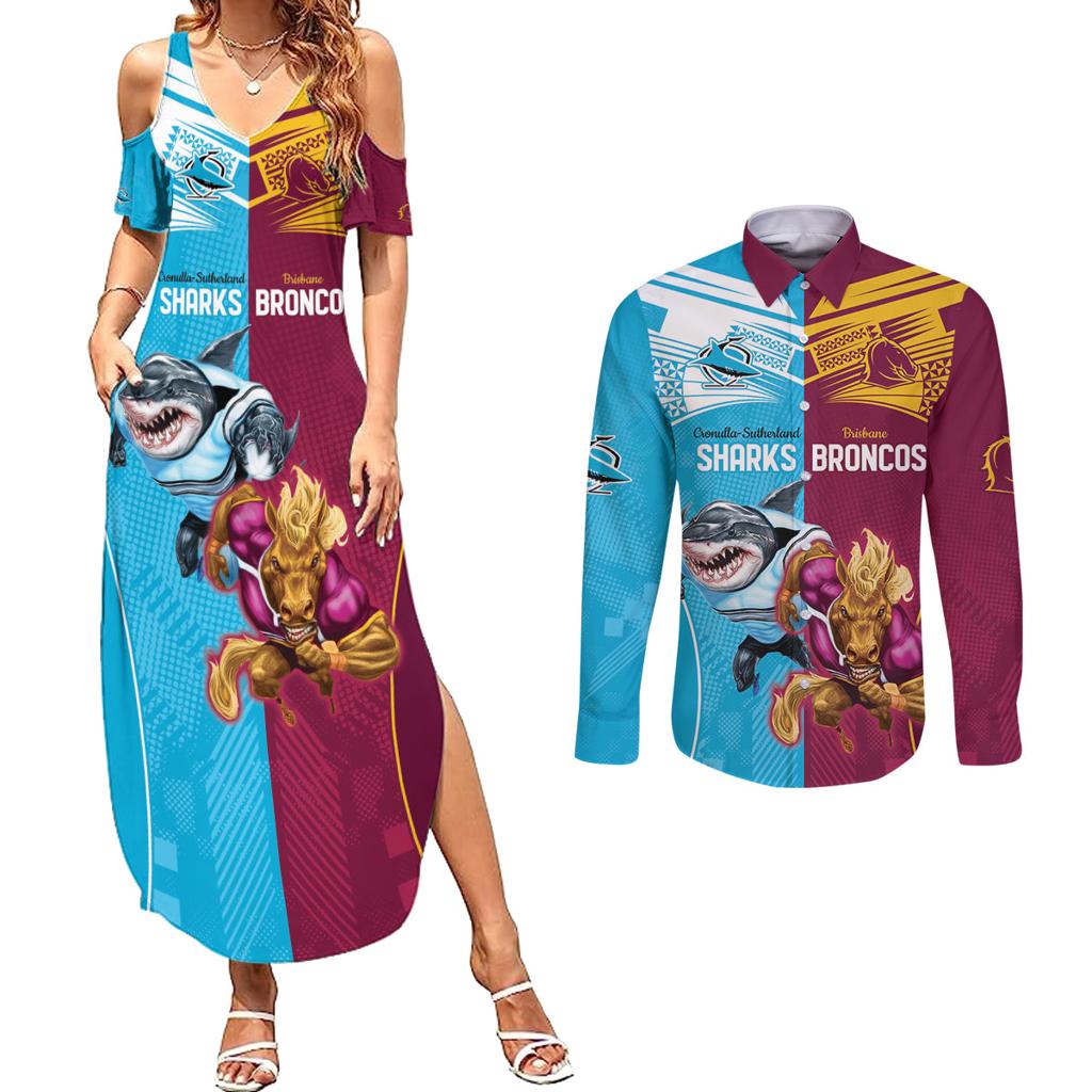 Custom Broncos and Sharks Couples Matching Summer Maxi Dress and Long Sleeve Button Shirt Sporty Style