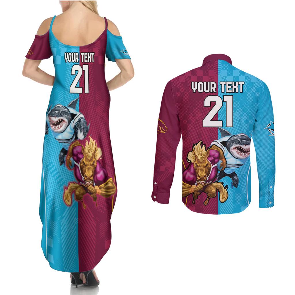 Custom Broncos and Sharks Couples Matching Summer Maxi Dress and Long Sleeve Button Shirt Sporty Style