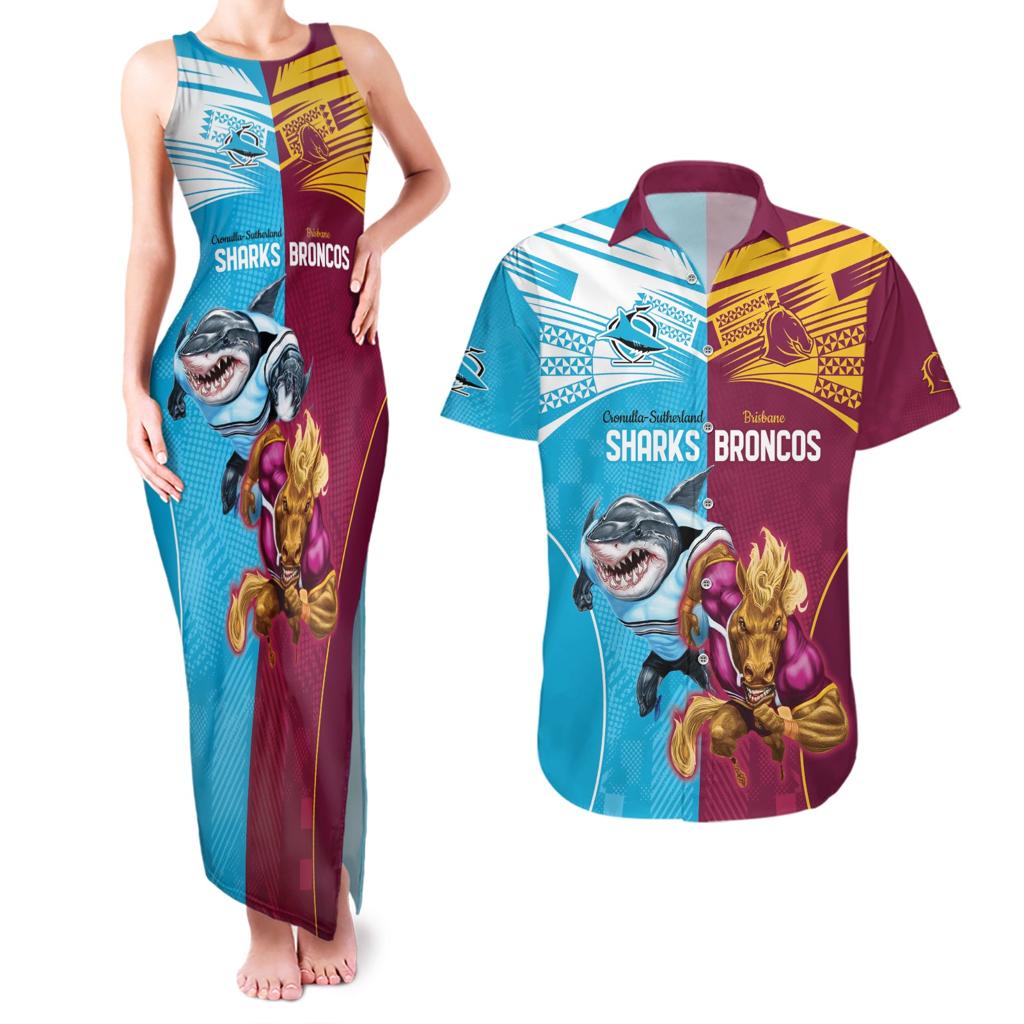 Custom Broncos and Sharks Couples Matching Tank Maxi Dress and Hawaiian Shirt Sporty Style