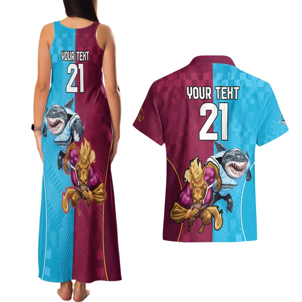 Custom Broncos and Sharks Couples Matching Tank Maxi Dress and Hawaiian Shirt Sporty Style