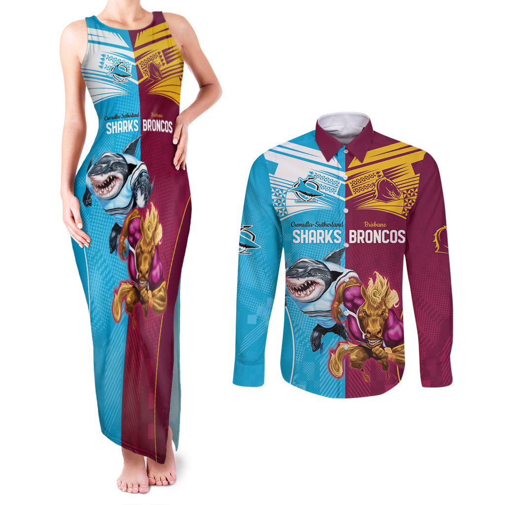 Custom Broncos and Sharks Couples Matching Tank Maxi Dress and Long Sleeve Button Shirt Sporty Style
