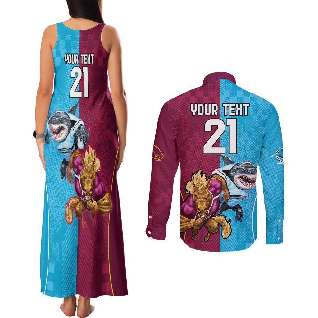 Custom Broncos and Sharks Couples Matching Tank Maxi Dress and Long Sleeve Button Shirt Sporty Style