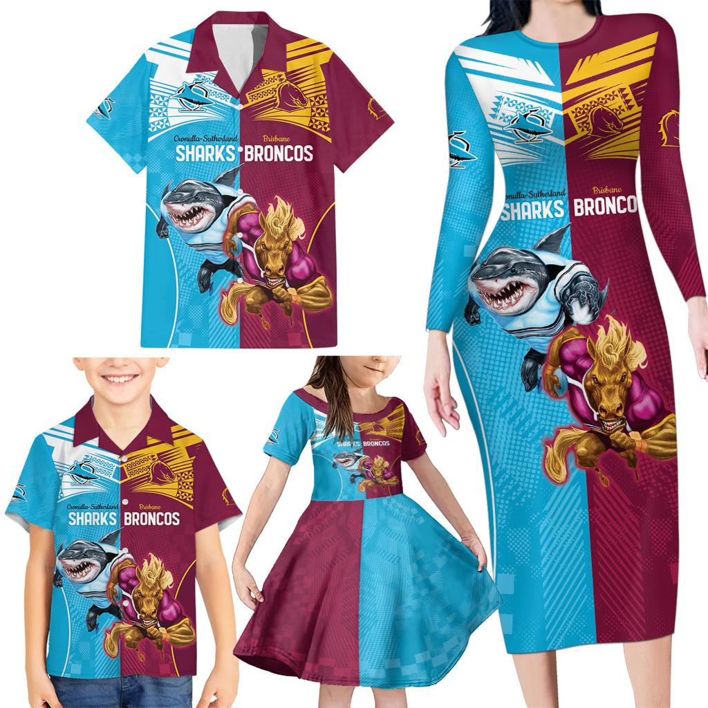Custom Broncos and Sharks Family Matching Long Sleeve Bodycon Dress and Hawaiian Shirt Sporty Style