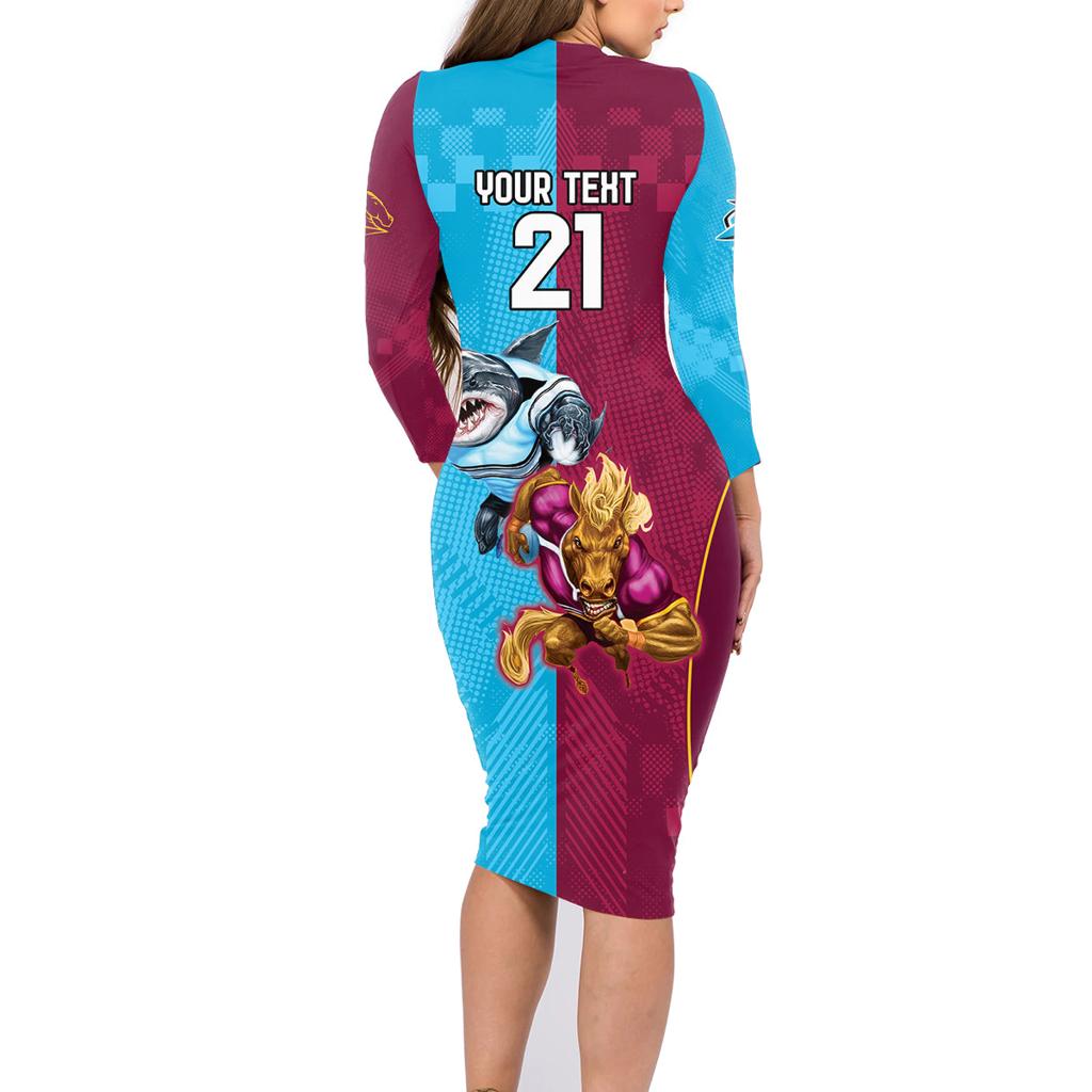 Custom Broncos and Sharks Family Matching Long Sleeve Bodycon Dress and Hawaiian Shirt Sporty Style
