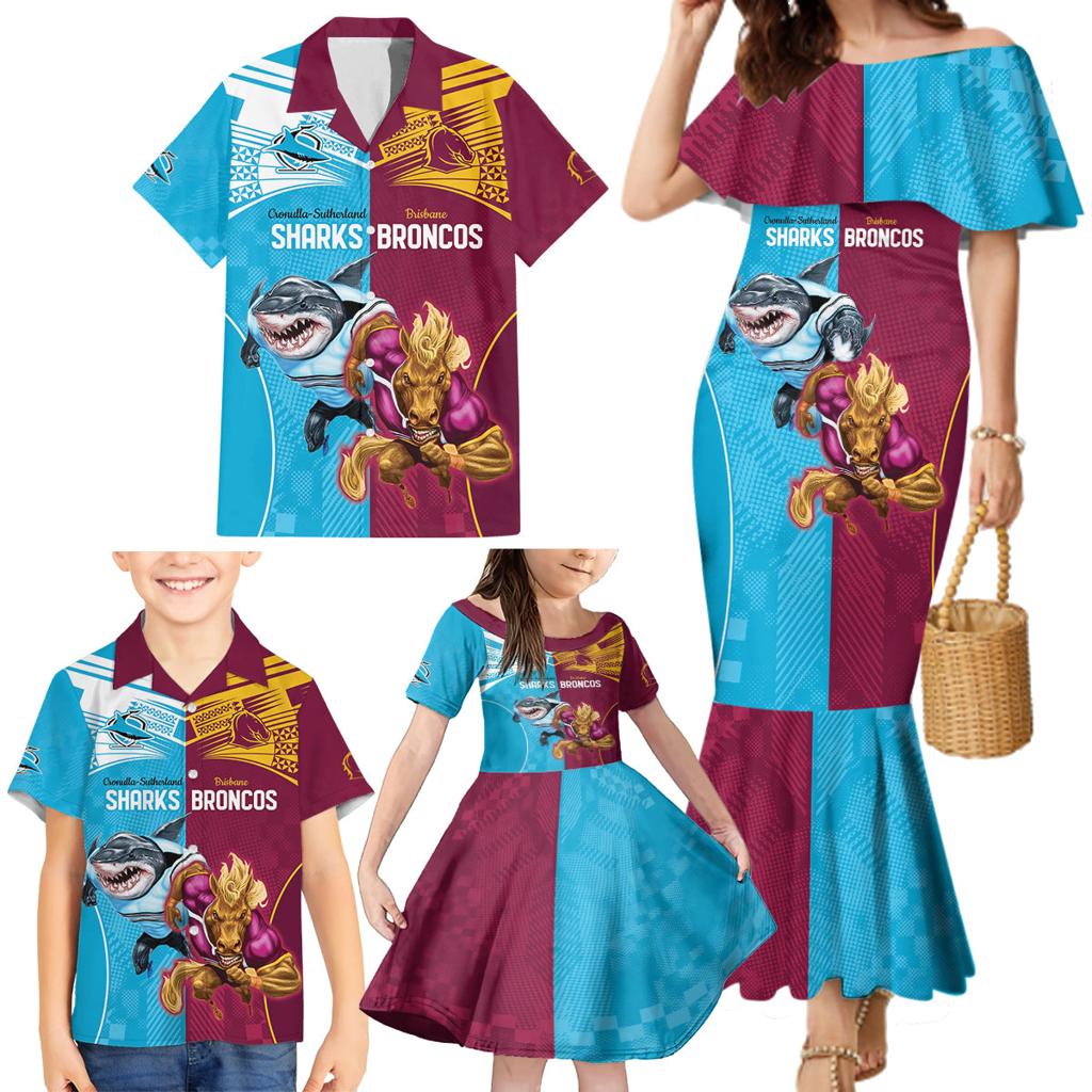 Custom Broncos and Sharks Family Matching Mermaid Dress and Hawaiian Shirt Sporty Style