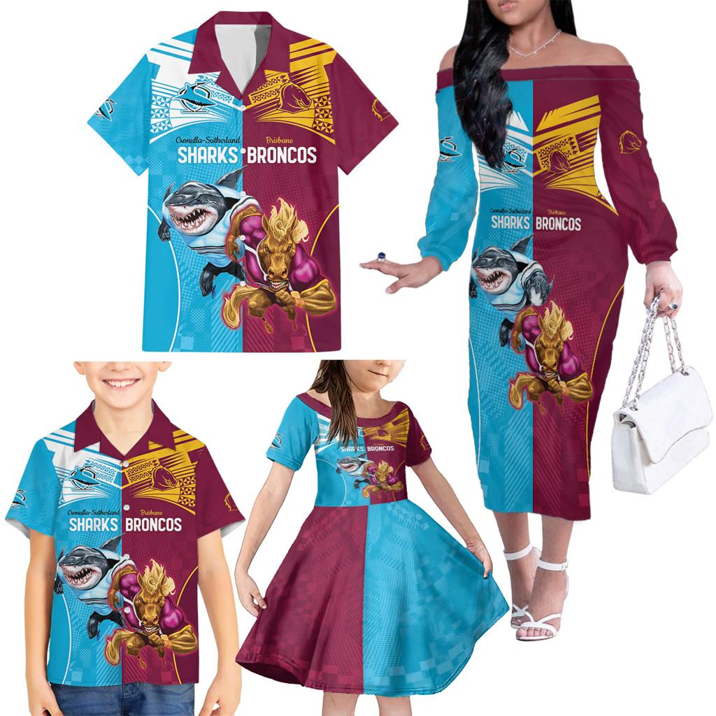 Custom Broncos and Sharks Family Matching Off The Shoulder Long Sleeve Dress and Hawaiian Shirt Sporty Style