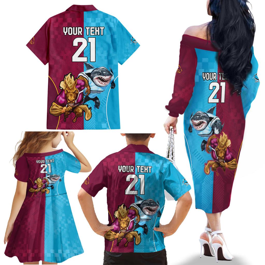 Custom Broncos and Sharks Family Matching Off The Shoulder Long Sleeve Dress and Hawaiian Shirt Sporty Style