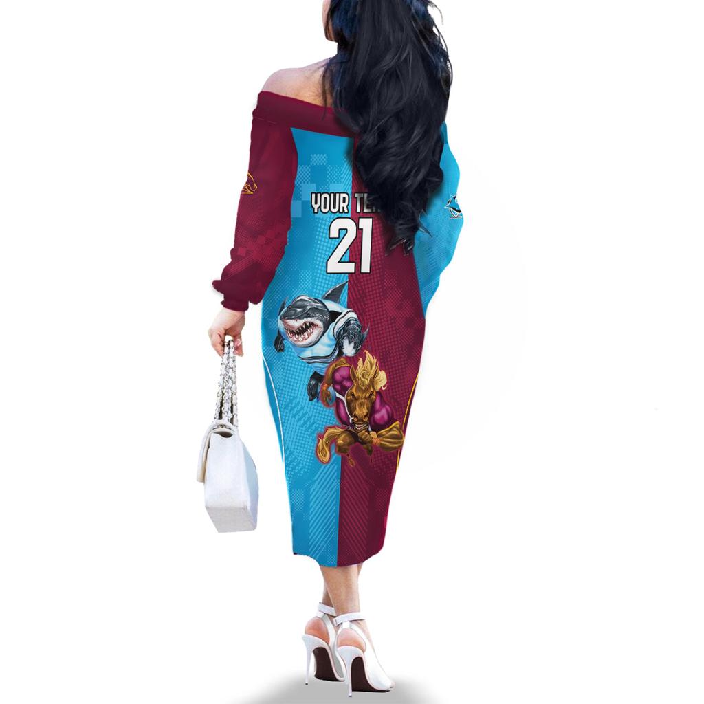 Custom Broncos and Sharks Family Matching Off The Shoulder Long Sleeve Dress and Hawaiian Shirt Sporty Style