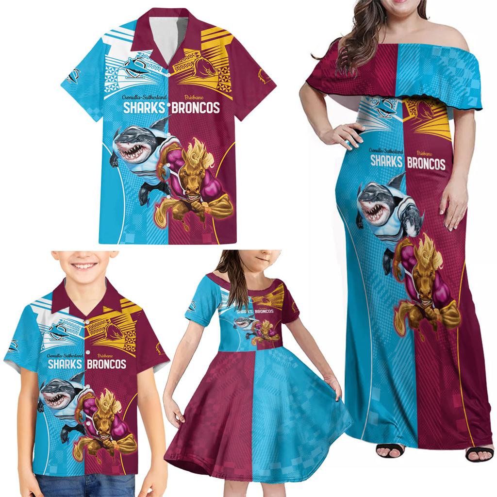 Custom Broncos and Sharks Family Matching Off Shoulder Maxi Dress and Hawaiian Shirt Sporty Style