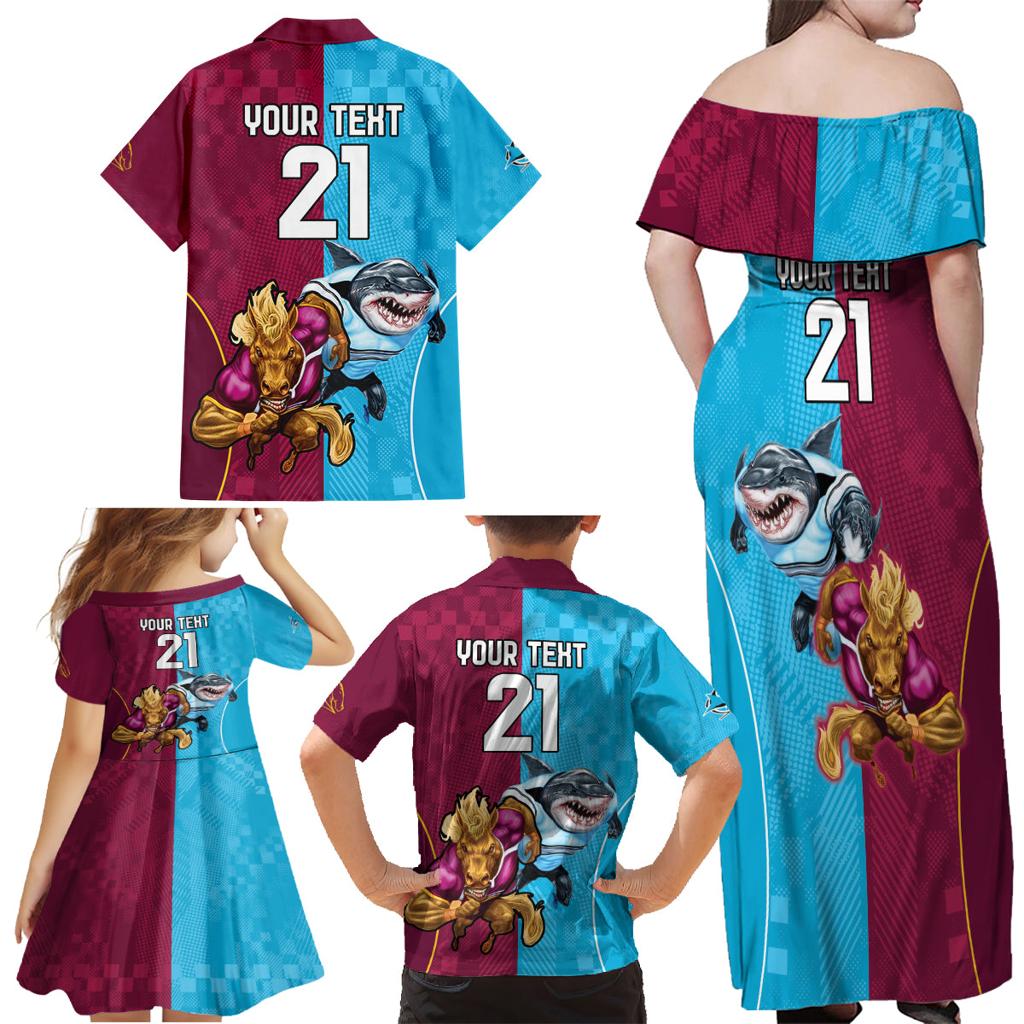 Custom Broncos and Sharks Family Matching Off Shoulder Maxi Dress and Hawaiian Shirt Sporty Style